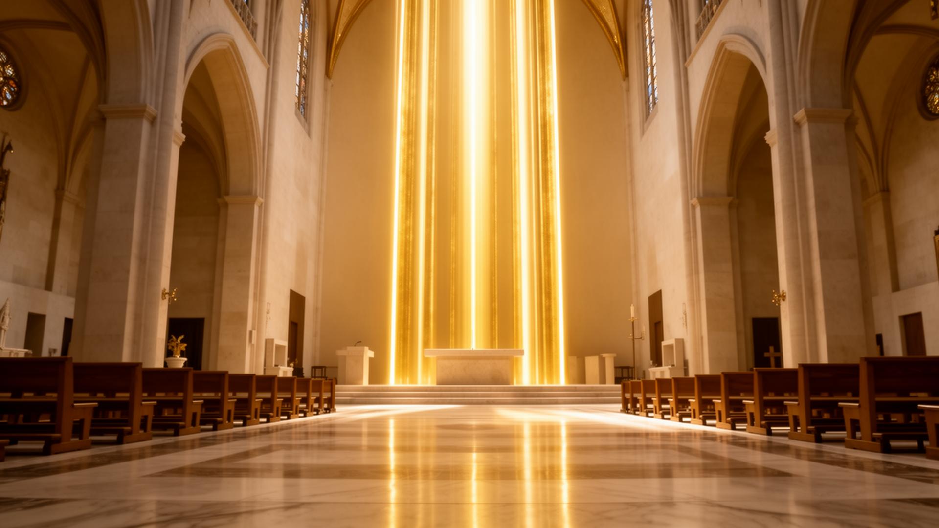Cinematic sanctuary interior with vertical golden light beams