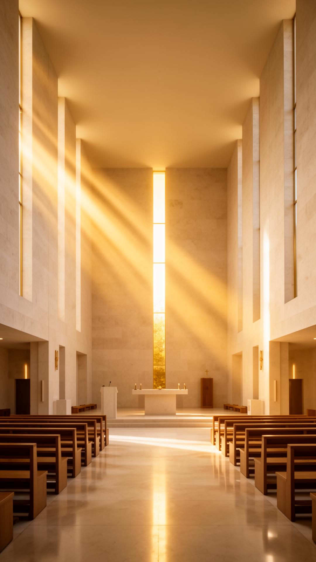 Modern minimalist sanctuary interior with golden light