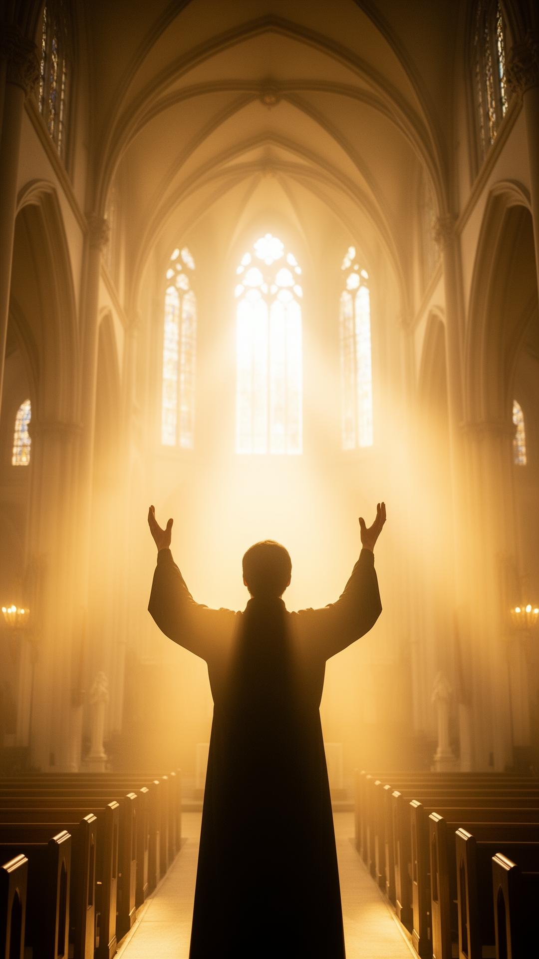 Worshipper with hands raised in golden cathedral light